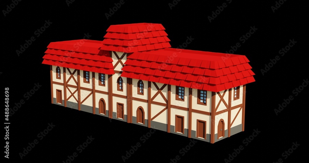 Medieval red roof 2-floor school 3d rendering. Fantasy building illustration. Perspective architecture. Medieval red roof 2-floor school 3d rendering. Fantasy building illustration. Perspective architecture.