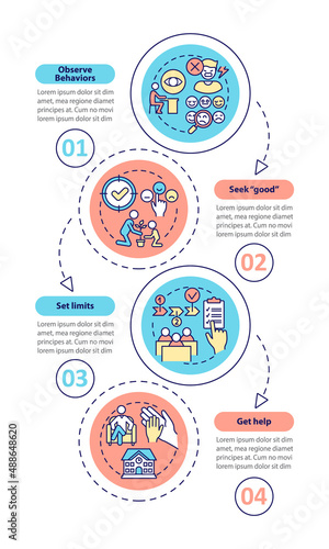 Conduct disorder tips for teacher vertical infographic template. Data visualization with 4 steps. Process timeline info chart. Workflow layout with line icons. Myriad Pro-Bold, Regular fonts used