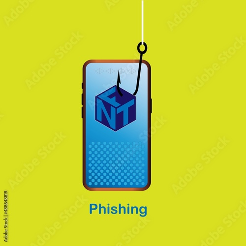 Phishing NFTs nonfungible tokens concept on light green background. Hacking personal information website. Cyber banking account attack. Online sucurity.