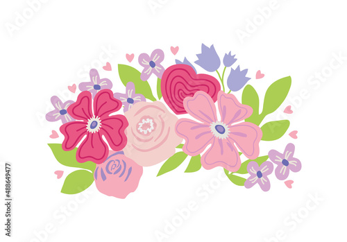 Fototapeta Naklejka Na Ścianę i Meble -  Beautiful cute hand drawn flowers and leaves in a bouquet. Roses, forget-me-nots, bluebells, daisies. Vector flat illustration, for Womens Day, birthday, wedding, retro style.