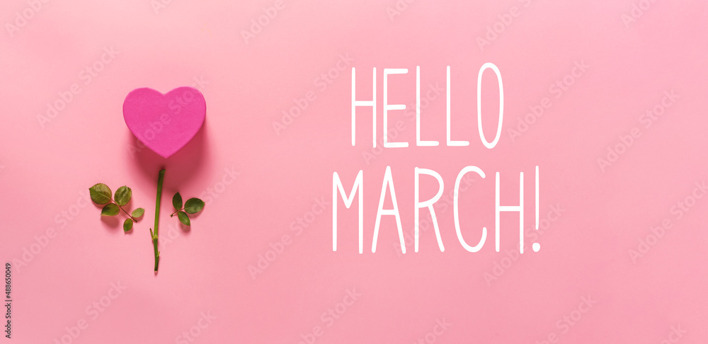 Hello March message with heart flower top view flat lay
