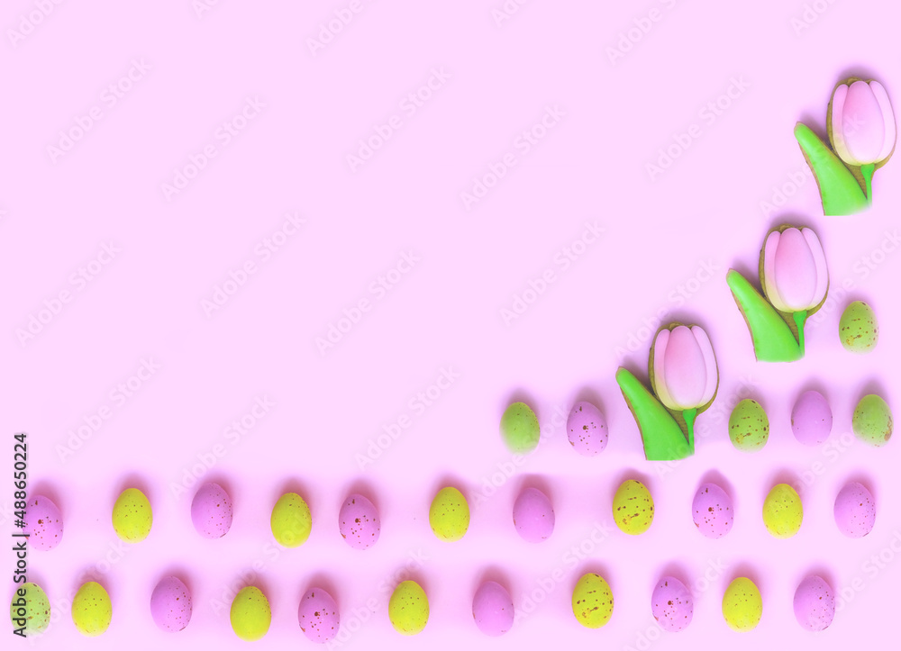 Poster with colorful Easter eggs and tulip cookies on pink background.Promotion design for shopping Easter. Creative copy space. 