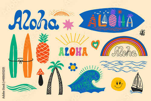 Hawaiian vector set. Aloha Hawaii elements collection