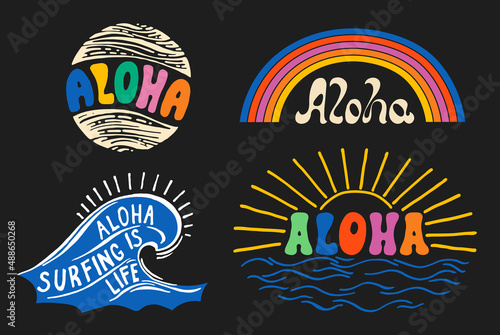 Aloha decorative text illustrations set