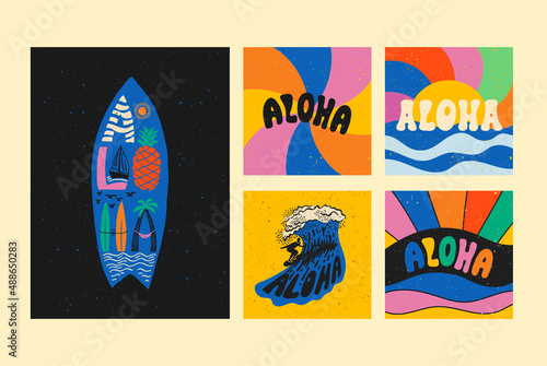 Aloha surfing lettering. Vector calligraphy illustration