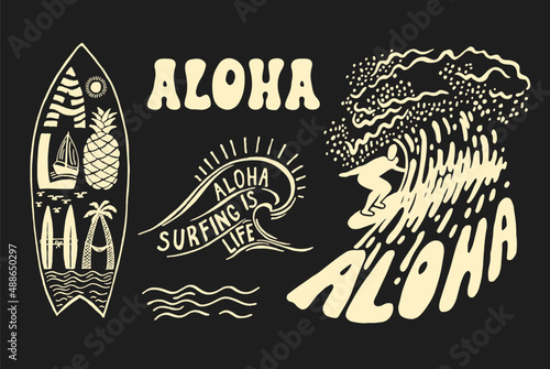 Aloha surfing lettering. Vector calligraphy illustration