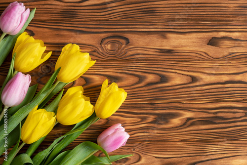 Yellow and pink tulips on a brown wooden background.