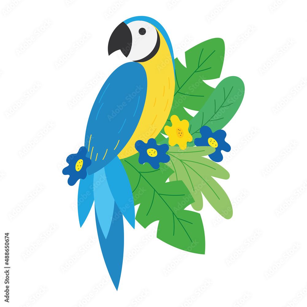 Isolated cute parrot on flowers and leaves Vector