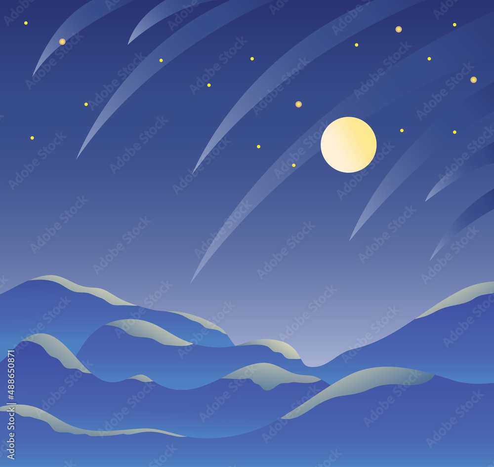 Fototapeta premium Fantastic landscape of the starry sky with a full moon or planet, starfall at night against the background of mountains and hills. Vector illustration.