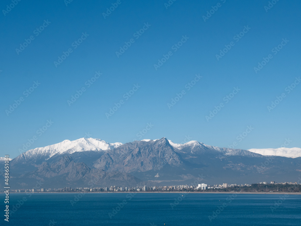 View from the Kaleici Harbour ,towards Konyaalti Beach and Mountains ,Antalya, Turkey.