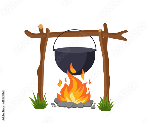 Cauldron over campfire for outdoor cooking isolated on white background. Vector illustration in a flat style.