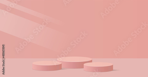 3d background products minimal podium on pink floor platform. background vector 3d rendering with podium. gold stand for show products.