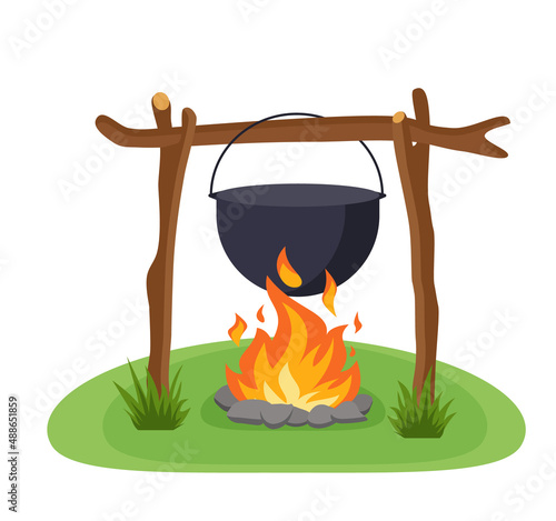 Cauldron over campfire for outdoor cooking isolated on white background. Vector illustration in a flat style.