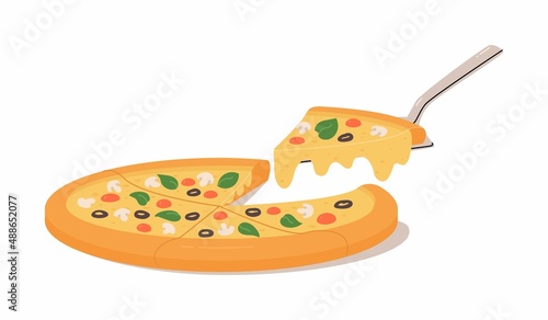 Italian pizza with slice. Pizza with champignon mushrooms, cherry tomatoes, olives, basil and cheese. Trendy vector illustration