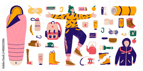 Bundle for camping and adventure. Hand drawn character and elements sleeping bag, mat, jacket and binoculars. Perfect for local tourism, social networks, posters, sticker kit. Vector illustration.