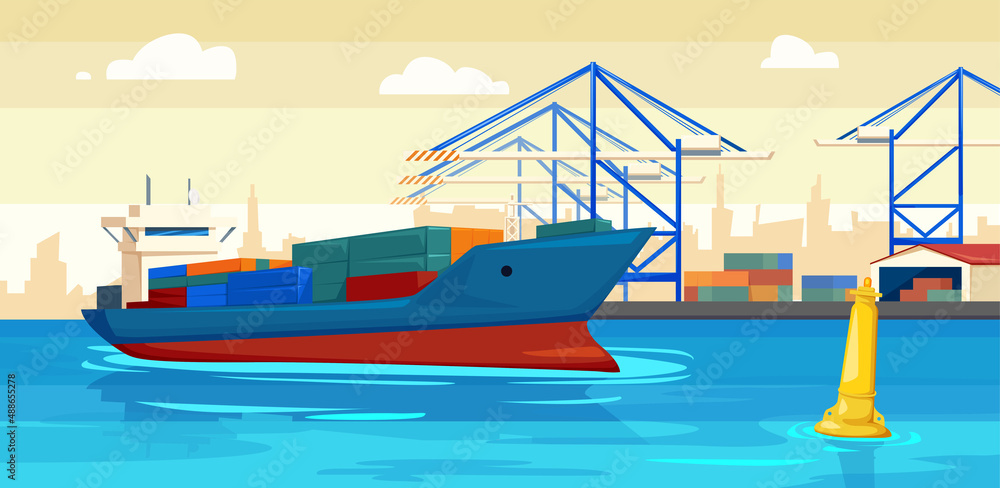 Nice vector illustration of sea cargo port in cartoon style. Cargo ship with containers in the sea port dock. Import and export of goods logistics service.