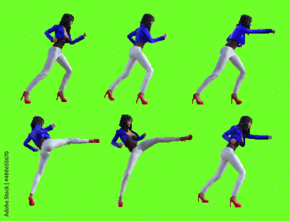Pixel artwork illustration of sexy female fighting character in white pants and blue jacket on green screen background.