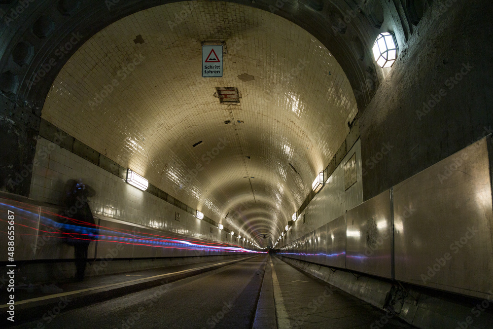 Old Elbe tunnel with a light trail from the bike Old Elbe tunnel with a light trail from the bike