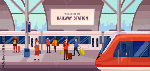 Nice vector illustration of a railway station in a cartoon style. Boarding the train people with luggage. Logistics of passenger transportation.