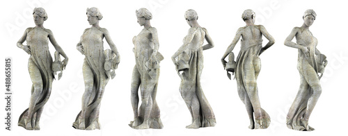 3d render illustration artwork of ancient greek female goddess Athena holding spartan helmet marble stone statue in different angles isolated on white background.
