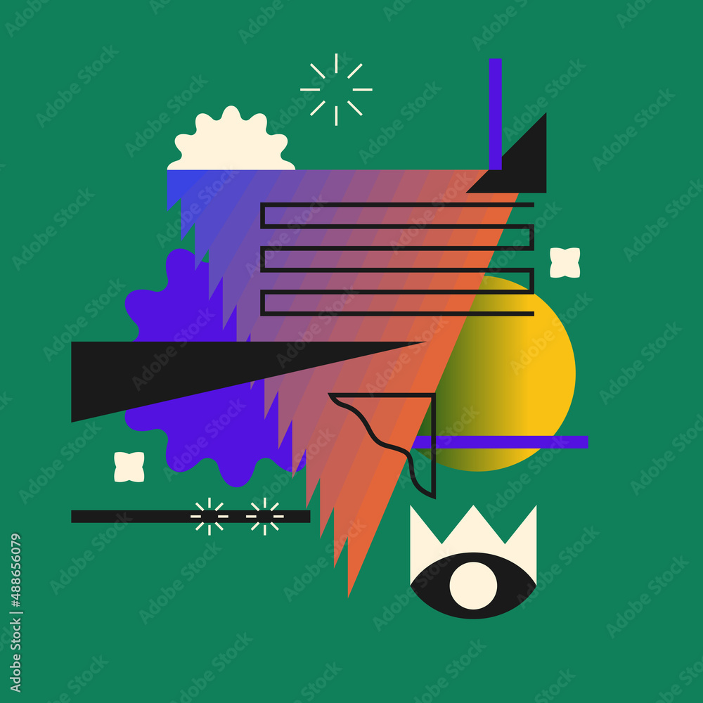 Obraz premium A modern background with abstract elements, dynamic shapes and a hand gesture. Compositions of colored spots.