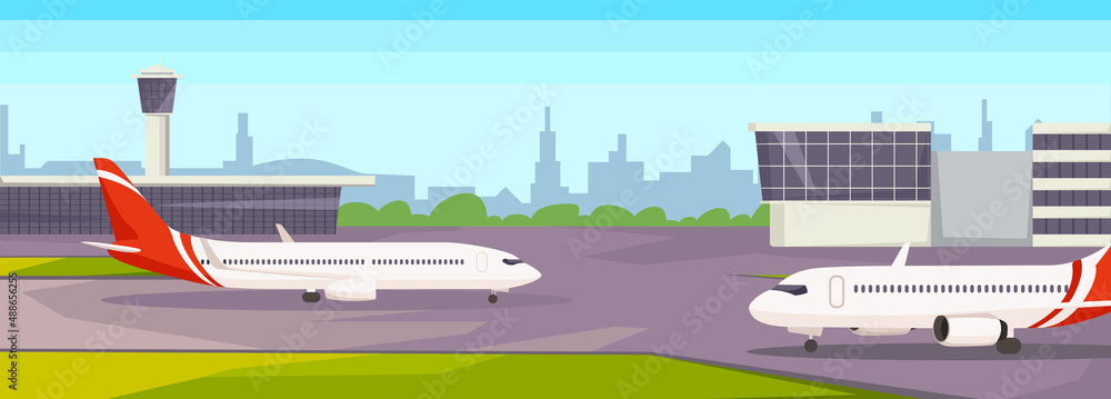 Nice vector illustration of an airport in cartoon style. The plane is taking off. Logistics of passenger transportation.