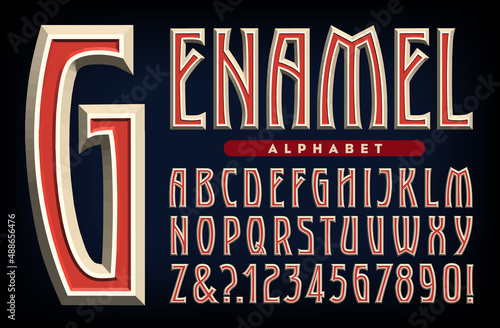 A stylized decorative alphabet with tall tapered strokes. This 3d effect alphabet has beveled edges and the appearance of red enamel inlay.