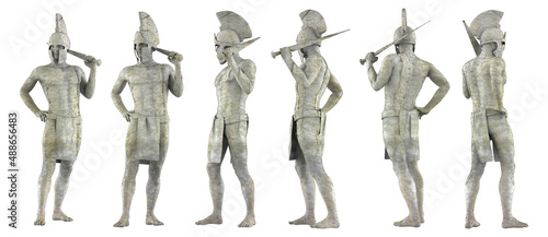3d render illustration artwork of ancient greek male spartan warrior in helmet and sword, god marble stone statue in different angles isolated on white background.
