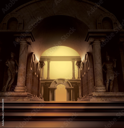 3d render illustration of fantasy ancient greek temple with stone statues and columns and arches.