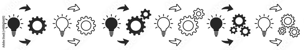 Set of implementation icons. Light bulb with gear, business strategy. Creative cycle sign. Implementation process symbol. Vector. Set of implementation icons. Light bulb with gear, business strategy. Creative cycle sign. Implementation process symbol. Vector.