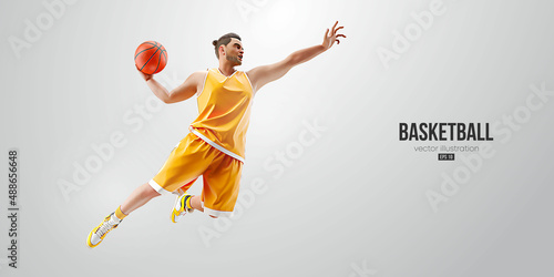 Realistic silhouette of a basketball player man in action isolated white background. Vector illustration