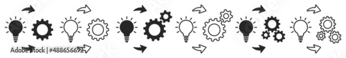 Set of implementation icons. Light bulb with gear, business strategy. Creative cycle sign. Implementation process symbol. Vector.