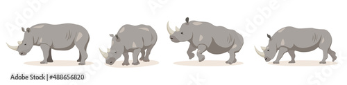Set of rhinoceros in different angles and emotions in cartoon style. Vector illustration of herbivorous African animals isolated on white background.