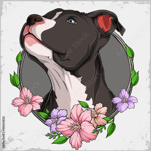 Strong Black American Pit bull terrier dog head looking to the top in a colorful floral wreath