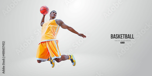 Realistic silhouette of a basketball player man in action isolated white background. Vector illustration