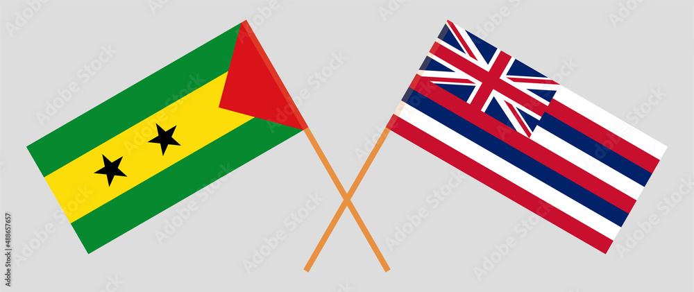 Crossed flags of Sao Tome and Principe and The State Of Hawaii. Official colors. Correct proportion