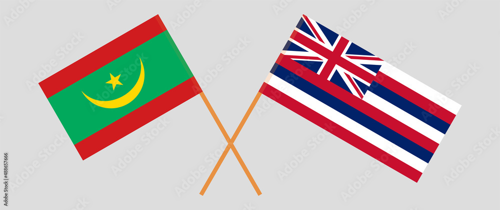 Crossed flags of Mauritania and The State Of Hawaii. Official colors. Correct proportion