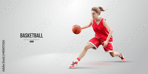 Realistic silhouette of a basketball player woman in action isolated white background. Vector illustration