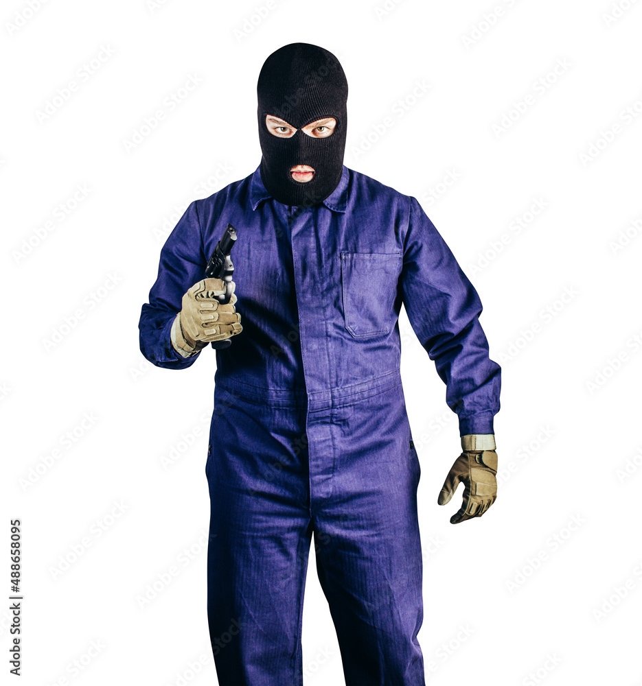 Isolated photo of robber in mask, overalls, gloves and gun standing on white background. Isolated photo of robber in mask, overalls, gloves and gun standing on white background.