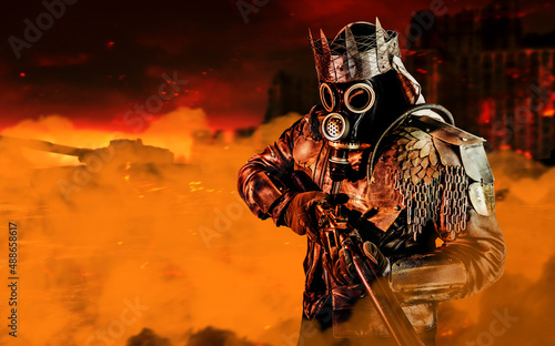 Photo of post apocalyptic warrior with armored outfit jacket and crown standing with rifle on destroyed city background with orange gas fog.
