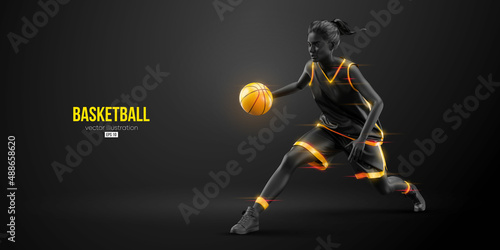 Abstract silhouette of a basketball player woman in action isolated black background. Vector illustration