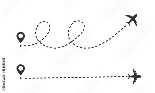 Airplane path in dotted line shape. Straight and wavy way. Travel and tourism concept