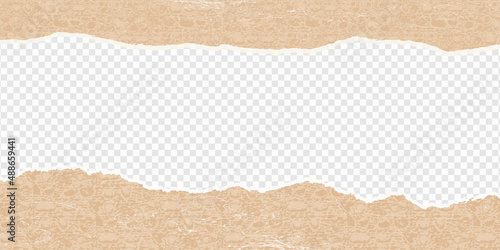 Craft paper torn strip stroke with cut edge frame vector illustration. Blank horizontal note paper piece shape. Neutral color grunge headline. Calligraphy border with transparent background