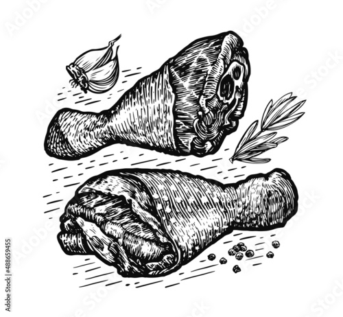 Chicken legs meat food. Black and white hand drawn sketch engraving vector illustration