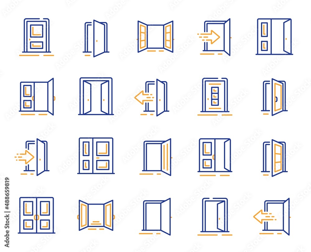 Entrance line icons. Open door, Building entry, Emergency exit. Closed doorway, Doorframe, House entrance outline icons. Door knob, home entry, building access. Interior gate, double door. Vector Entrance line icons. Open door, Building entry, Emergency exit. Closed doorway, Doorframe, House entrance outline icons. Door knob, home entry, building access. Interior gate, double door. Vector