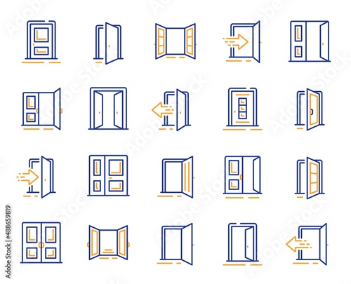 Entrance line icons. Open door, Building entry, Emergency exit. Closed doorway, Doorframe, House entrance outline icons. Door knob, home entry, building access. Interior gate, double door. Vector