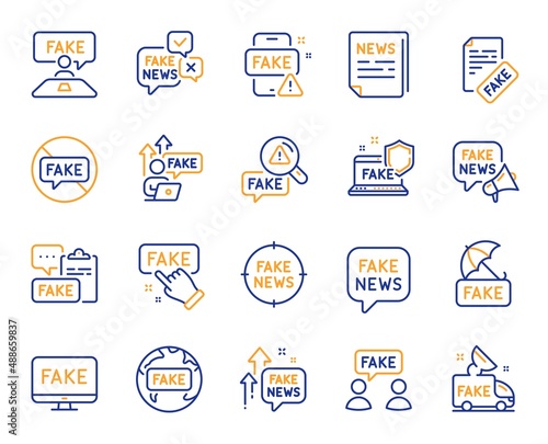 Fake news line icons. Social media propaganda, Newspaper, Conspiracy of truth. Wrong facts, Fake information, False loudspeaker outline icons. Misleading news, People lies and propaganda truck. Vector
