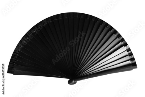 Isolated photo of japanese wooden black colored folding fan with no painting on white background.