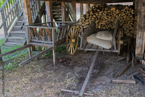 Conventional carts and firewood stored for cooking and heating, Fort William, Thunder Bay, Ontario, Canada