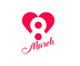 8 march lettering inside modern heart symbol. 8 inscription with heart. Heart template with red woman icon. Simple linear vector white background.
